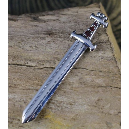 Viking Sword Silver Pendant With Garnets