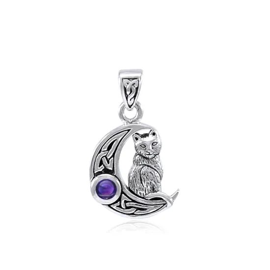 Silver Celtic Moon Cat Pendant