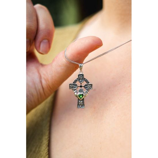 Claddagh Celtic Cross with Lucky Four Leaf Clover Silver Pendant