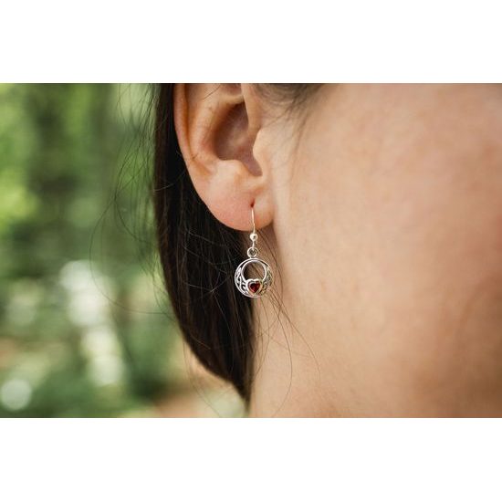 Celtic Knot Silver Earrings With Garnet