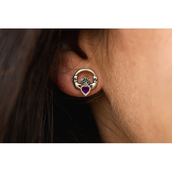 Claddagh Sterling Silver Earrings With Amethyst