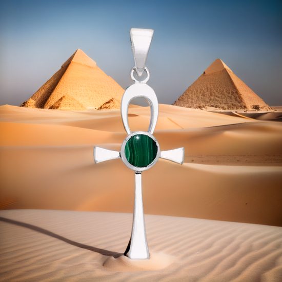 Ankh Sterling Silver Pendant with Malachite