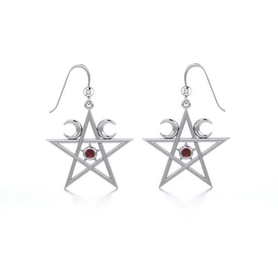 Silver Pentagram Pentacle and Garnet Earrings