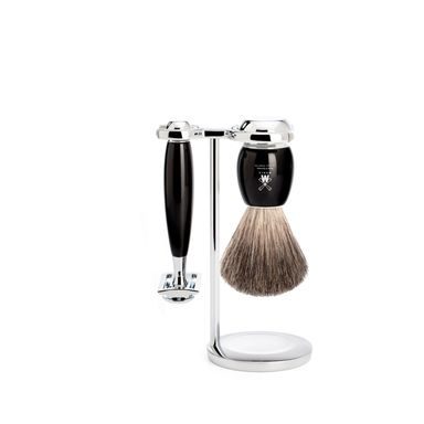 Set de rasage Mühle VIVO - support, rasoir à peigne fermé, brosse pure badger - résine noire