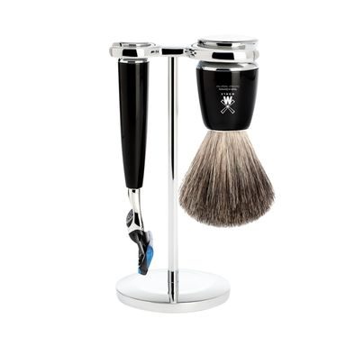 Set de rasage Mühle RYTMO - support, rasoir avec tête Fusion, brosse pure badger - résine noire