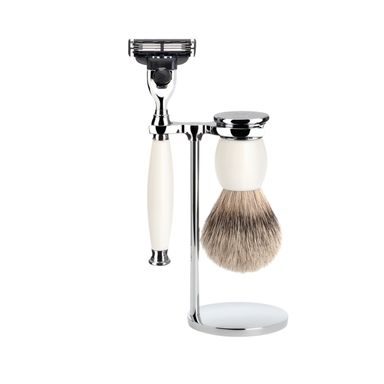 Set de rasage Mühle Sophist - support, rasoir à tête Mach 3, brosse silvertip badger - porcelaine