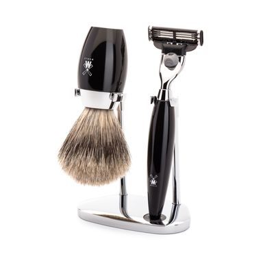 Set de rasage Mühle KOSMO - support, rasoir avec têtes Mach 3, brosse fine badger - résine noire