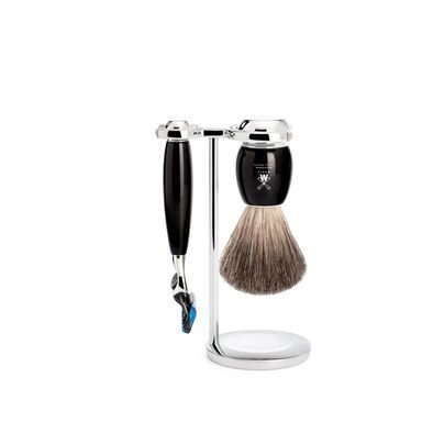 Set de rasage Mühle VIVO - support, rasoir avec tête Fusion, brosse pure badger - résine noire
