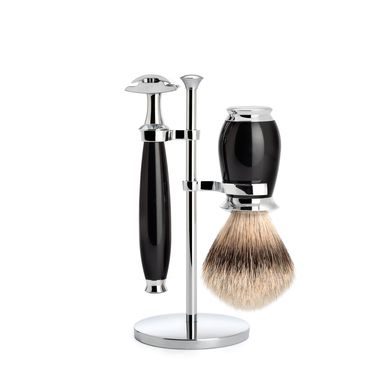 Ensemble de rasage Mühle Purist - support, rasoir à tête ouverte, brosse silvertip badger - résine noire