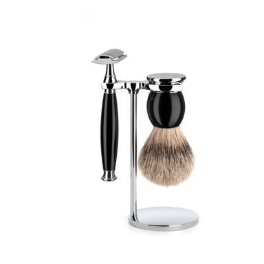 Set de rasage Mühle Sophist - support, rasoir à peigne fermé, brosse silvertip badger - résine noire