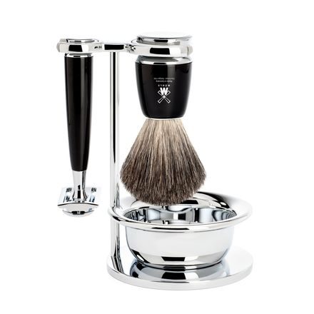 Set de rasage Mühle RYTMO - support, bol, rasoir à tête ouverte, brosse pure badger - résine noire
