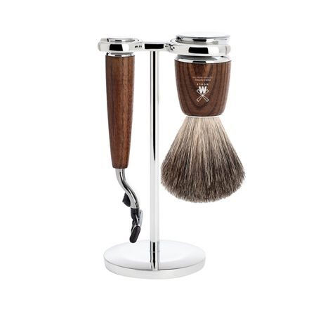 Set de rasage Mühle RYTMO - support, machine à tête Mach 3, brosse pure badger - frêne traité à la vapeur