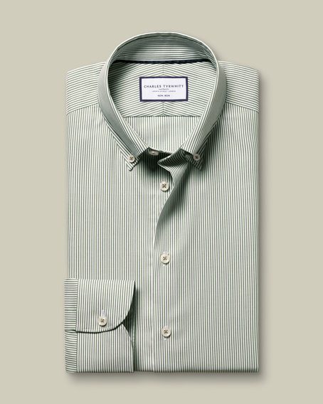 Charles Tyrwhitt Non-Iron Stretch Pinpoint Oxford Button-Down Shirt — Olive Stripe