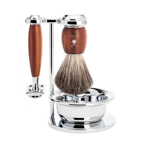 Set de rasage Mühle VIVO - support, bol, rasoir à tête ouverte, brosse pure badger - bois de prunier