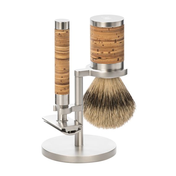 Set de rasage Mühle ROCCA - support, rasoir à peigne fermé, brosse silvertip badger - écorce de bouleau laminée