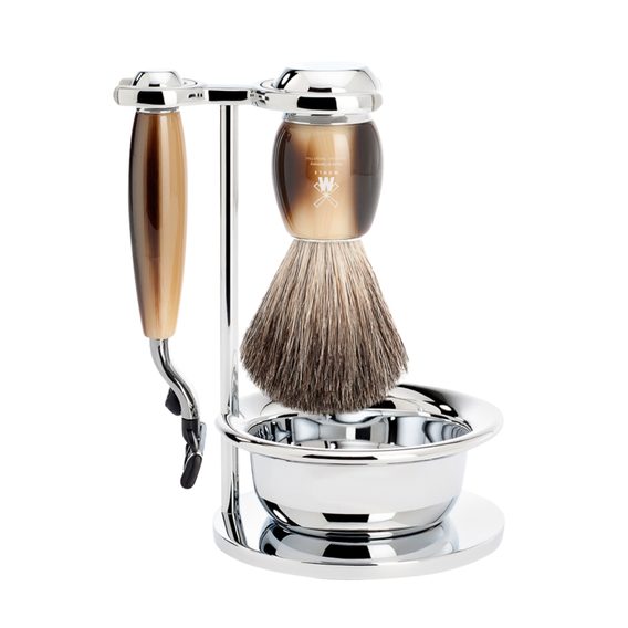 Set de rasage Mühle VIVO - support, bol, rasoir à tête Mach 3, brosse pure badger - imitation corne