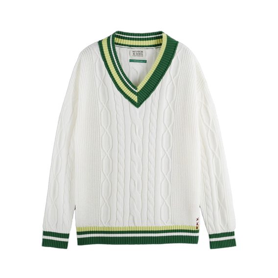 Scotch & Soda — V-Neck Drop Shoulder Cable Knit Pullover