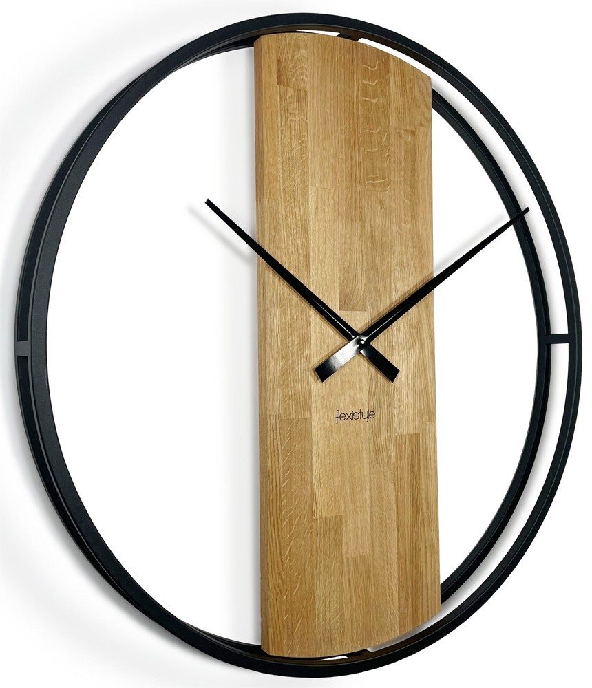 Flexistyle z231 - extra velké 80 cm nástěnné hodiny s kovovým rámem a dřevem z přírodního dubu kruh