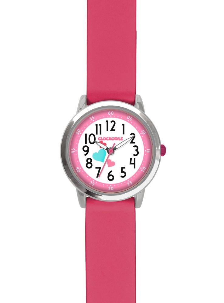 CLOCKODILE Růžové dívčí dětské hodinky se srdíčky a tmavě růžovým silikonovým řemínkem