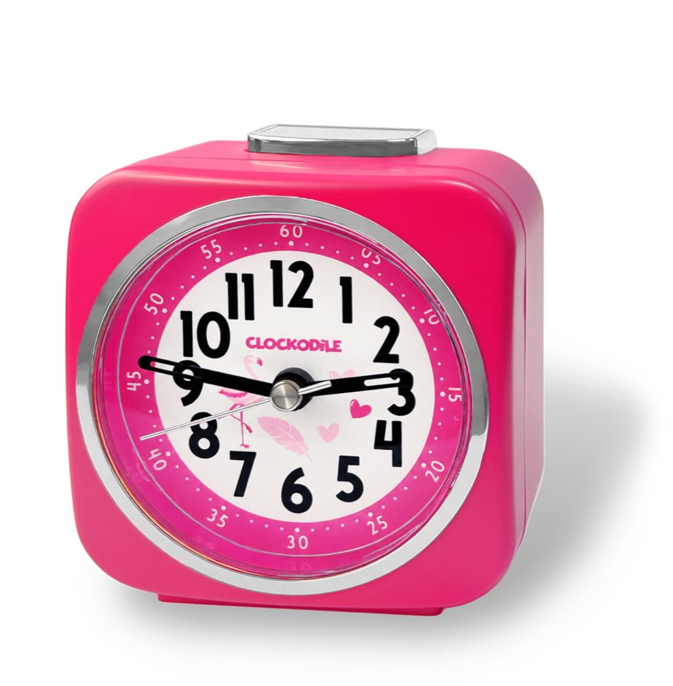 CLOCKODILE Růžový dětský budík PLAMEŇÁK SE SRDÍČKY