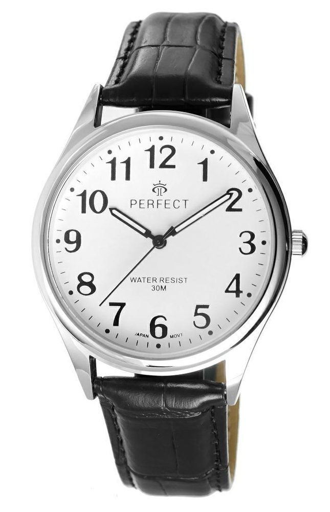 HODINKY PERFECT PÁNSKÉ C409-D-01 STŘÍBRNÝ KRYT, BÍLÝ ČÍSELNÍK, ČERNÝ PÁSEK