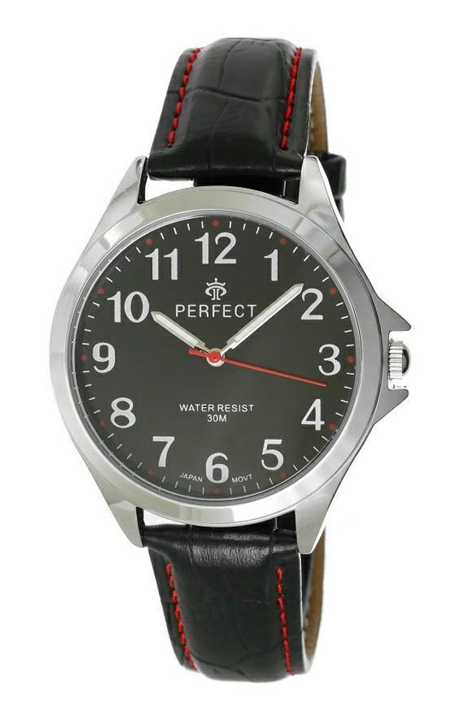 HODINKY PERFECT PÁNSKÉ C412D-07 STŘÍBRNÝ KRYT, ČERNÝ ČÍSELNÍK, ČERNÝ ŘEMÍNEK, ČERVENÉ PROŠÍVÁNÍ