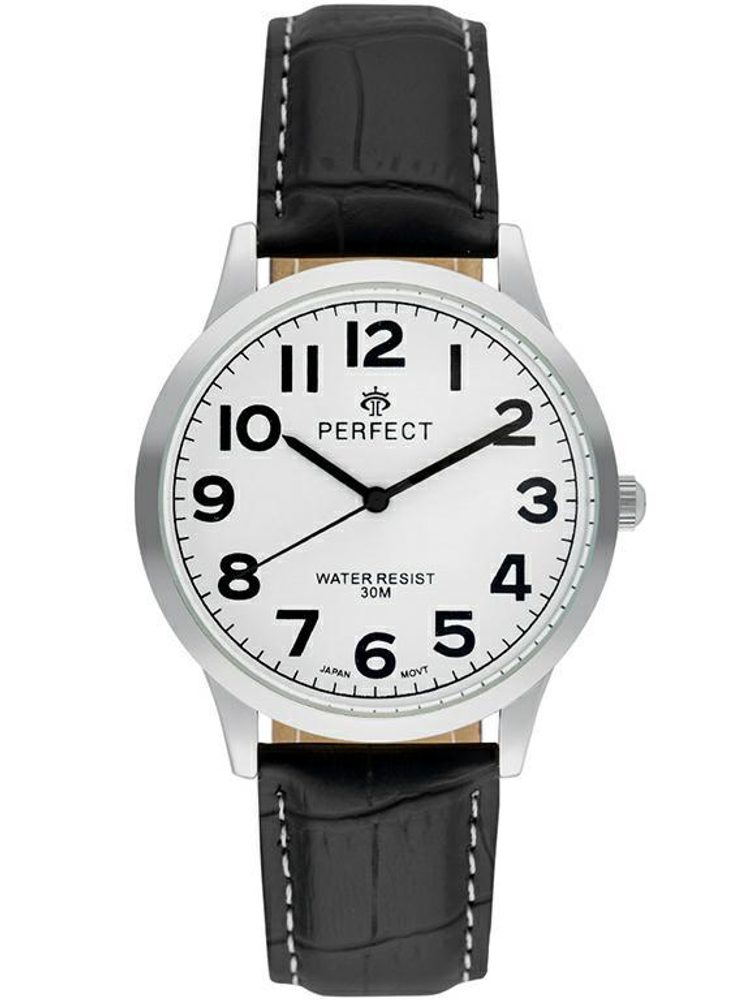 HODINKY PERFECT PÁNSKÉ C407A-01 STŘÍBRNÁ KORPUS, BÍLÝ CIFERNÍK, ČERNÝ PÁSEK, BÍLÉ PROŠITÍ