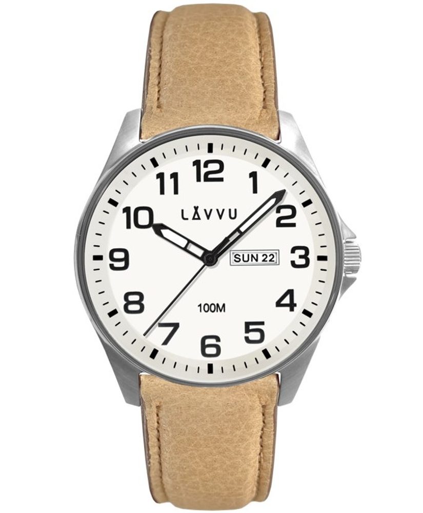 LAVVU Ocelové pánské hodinky BERGEN White / Top Grain Leather se svítícím číselníkem