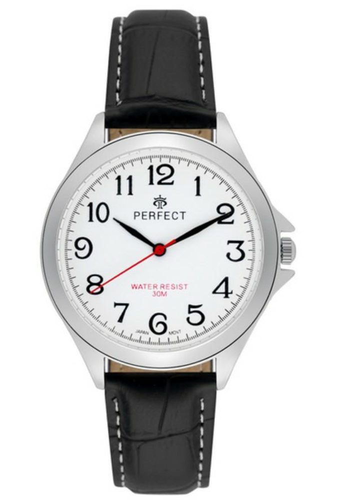 HODINKY PERFECT PÁNSKÉ C412-B-02 STŘÍBRNÝ KRYT, BÍLÝ ČÍSELNÍK, ČERNÝ PÁSEK