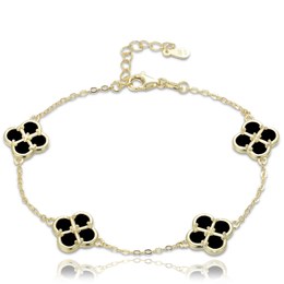 MINET Pozlacený stříbrný náramek čtyřlístky s černou perletí