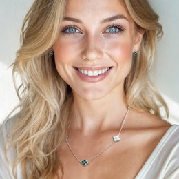 MINET Pozlacený stříbrný náhrdelník čtyřlístky s bílou perletí a malachitem