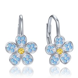 MINET Dětské stříbrné 925/1000 náušnice kytička s modrými, bílými a žlutými zirkony