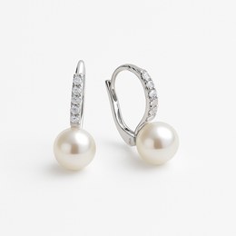 Zlaté naušnice z bílého zlata - zirkony a sladkovodní perly