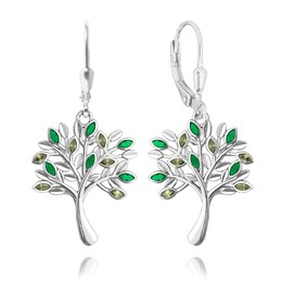 MINET Stříbrné náušnice STROM ŽIVOTA s zelenými zirkony