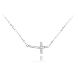 MINET Stříbrný náhrdelník drobný ležatý křížek se zirkony