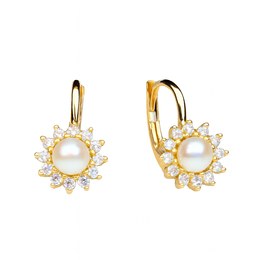 Zlaté 585/1000 náušnice s perlou a se zirkony - klapkové TU-3029