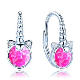 MINET Dětské stříbrné náušnice jednorožci s růžovými opály a bílými zirkony