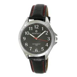 HODINKY PERFECT PÁNSKÉ C412D-07 STŘÍBRNÝ KRYT, ČERNÝ ČÍSELNÍK, ČERNÝ ŘEMÍNEK, ČERVENÉ PROŠÍVÁNÍ
