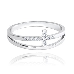 MINET Dvojitý stříbrný prsten KŘÍŽEK s bílými zirkony vel. 58