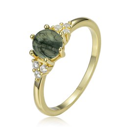 MINET Elegantní pozlacený stříbrný 925/1000 prsten s mechovým achátem a zirkonem JMAS0318GR