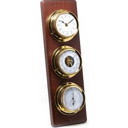 Hodiny s barometrem, teplměrem a vlhkoměrem na dřevěné podložce 1538-22
