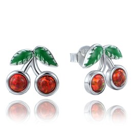MINET Dětské stříbrné náušnice třešně s červeným opálem a bílými zirkony