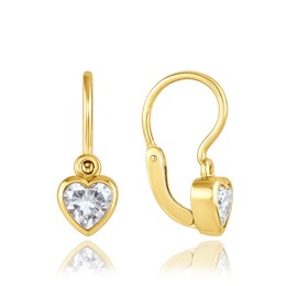 MINET Dětské zlaté náušnice s předním zapínáním srdíčka s bílými zirkony Au 585/1000 1,15g