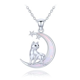 MINET Stříbrný náhrdelník kočka na měsíci s bílými a černými zirkony a bílým opálem
