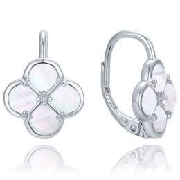 MINET Stříbrné náušnice čtyřlístky s bílou perletí