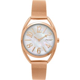 MINET Růžové dámské hodinky s čísly ICON ROSE GOLD PEARL MESH MWL5216