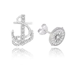 MINET Letní stříbrné náušnice KORMIDLO a KOTVA s bílými zirkony