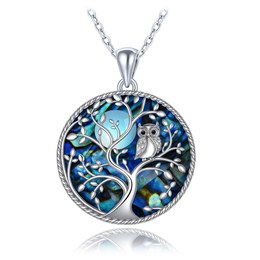 MINET Stříbrný náhrdelník strom života se sovou s černými zirkony a perletí