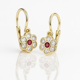 Zlaté naušnice kytičky bílé s červeným středem brizura