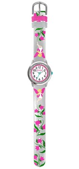 CLOCKODILE Stříbrné třpytivé dívčí dětské hodinky s růžovými vílami FAIRIES CWG5084